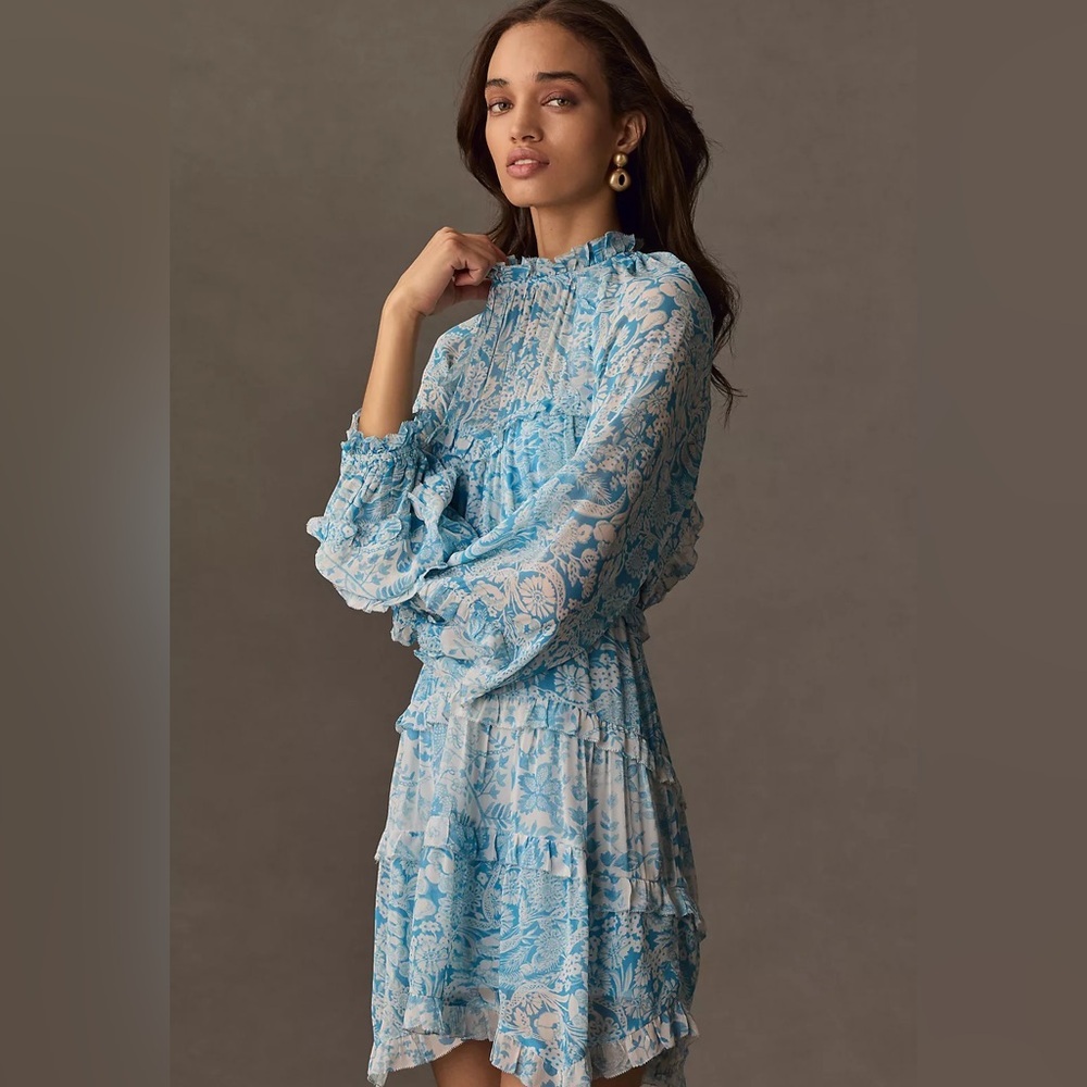 Anthropologie Long-Sleeve Backless Sheer Ruffle Mini Dress , Size L - Picture 2 of 13